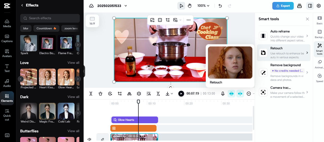 CapCut editing interface showing virtual event coordination for a cooking class, a great tool for niche side hustles.